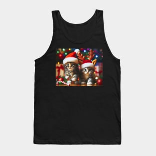 Cute kittens with Santa Claus and reindeer hats and Christmas tree Tank Top